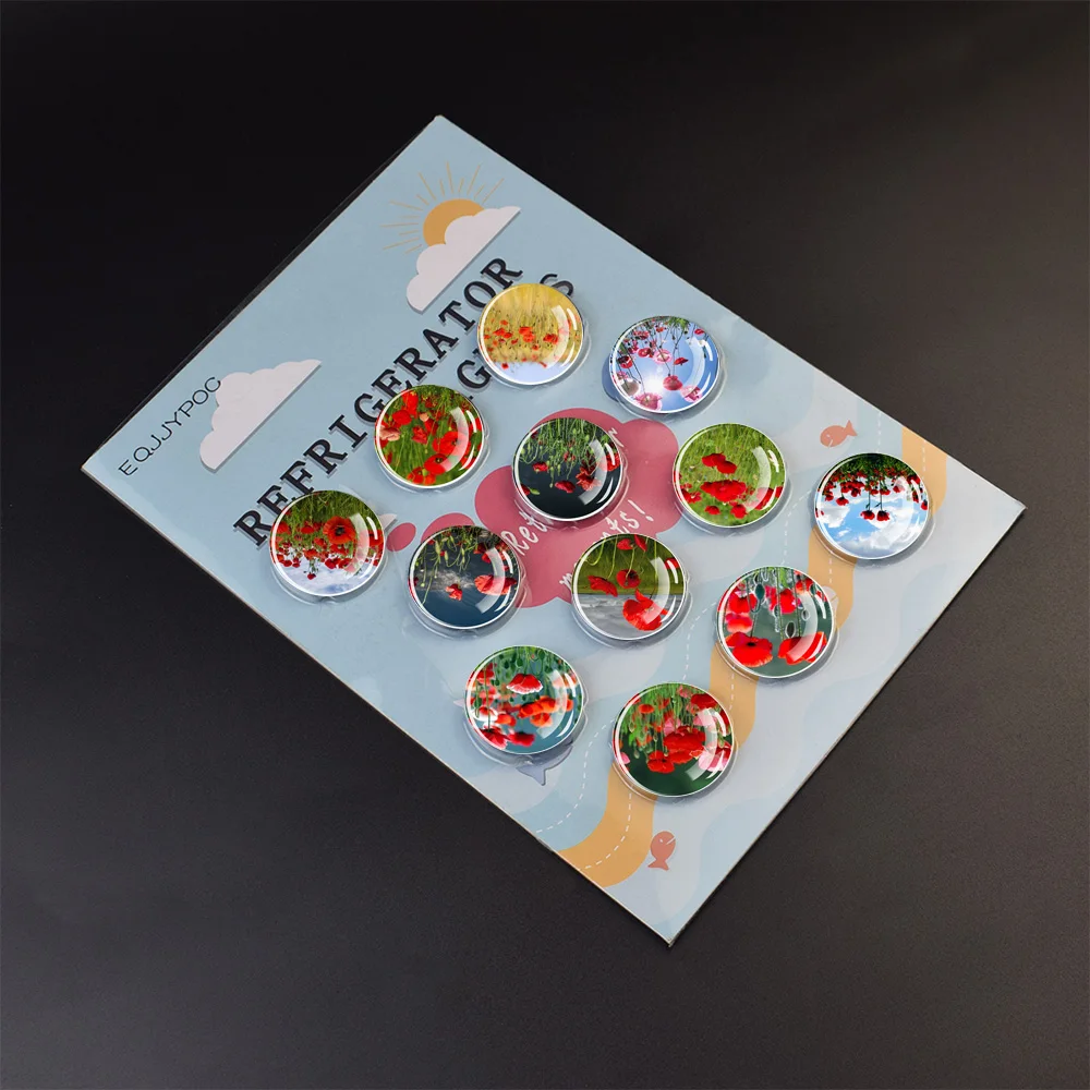 

Poppies Magnetc Sticker for Refrigerator Spring Warm Flowers Series Fridge Magnet 30mm Glass Dome Cabochon Home Decoration