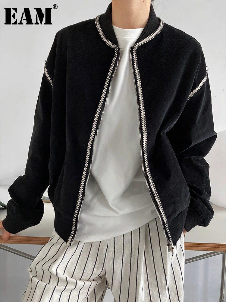 

[EAM] Loose Fit Black Velvet Big Size Jacket New Stand Collar Long Sleeve Women Coat Fashion Tide Spring Autumn 2022 1DF0312