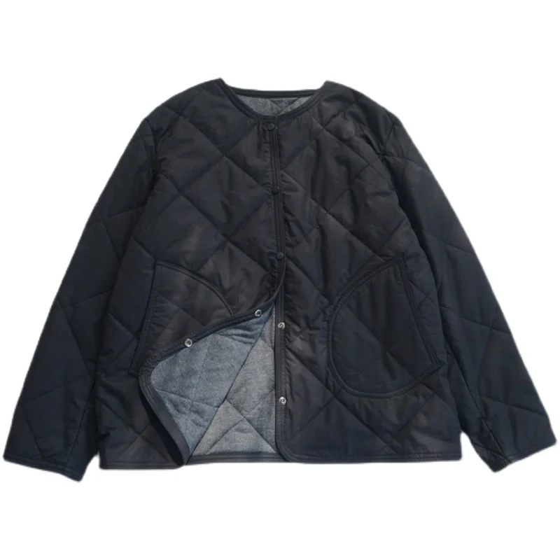 Стеганое однобортное короткое пальто с круглым вырезом и хлопковой подкладкой