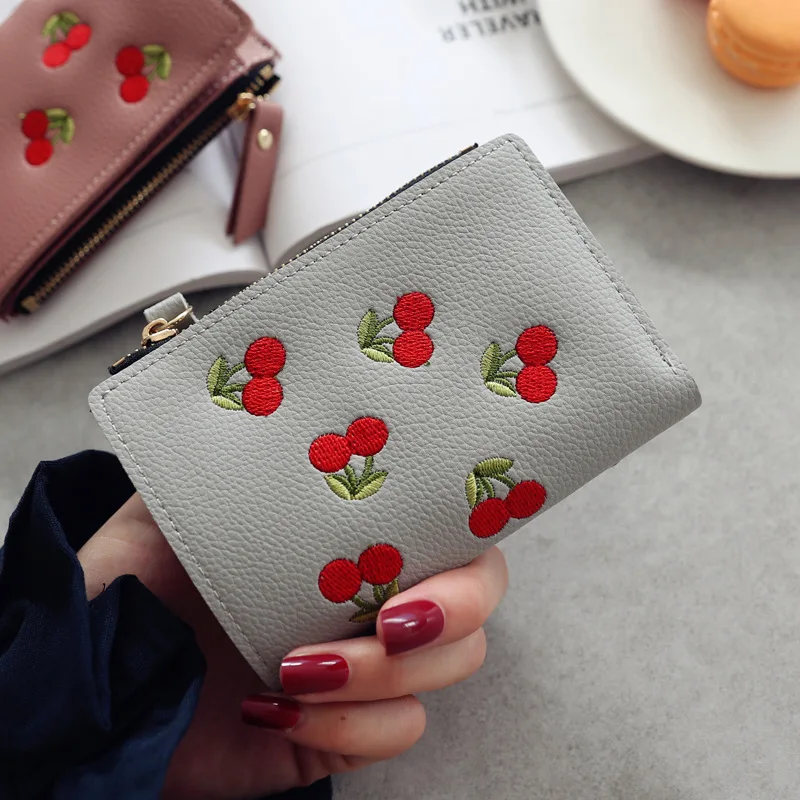 Women's Vertical Buckle Cherry Embroidered Short Trend Small Wallet 2023 New Student Simple Fashion Wallet Women's Purse