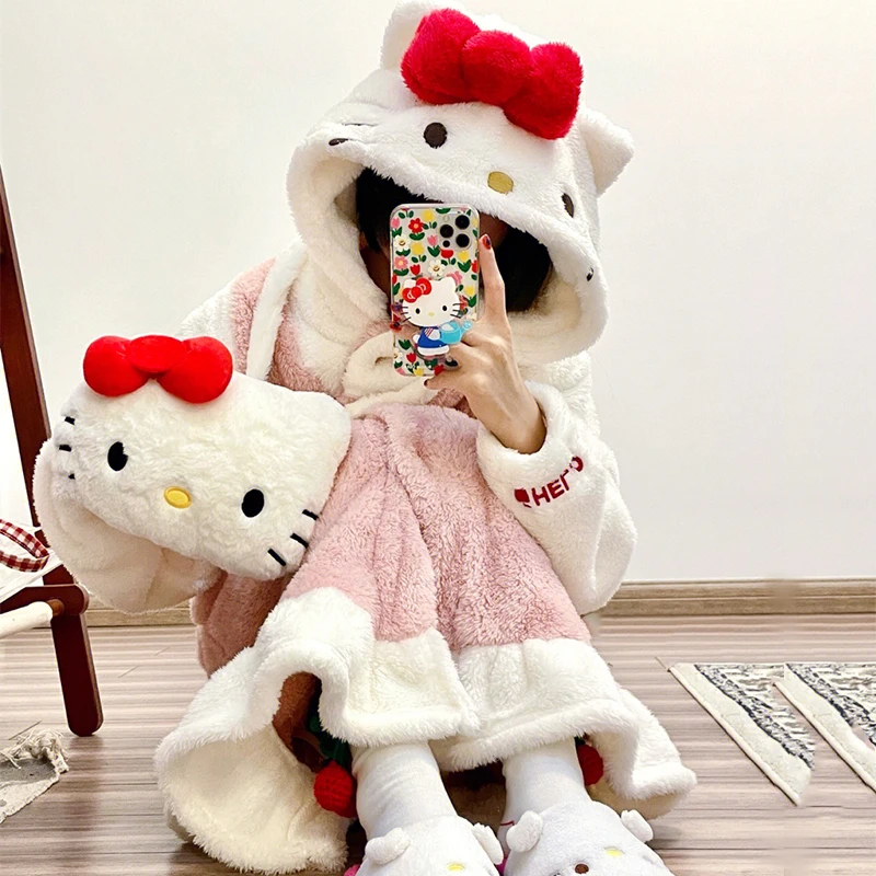 

Sanrios Kawaii Hello Kitty милые Мультяшные Луки пушистые Пижамы Зимние новые милые девушки длинные пижамы аниме плюшевая Домашняя одежда подарок