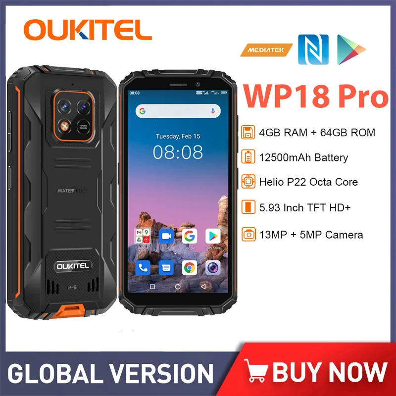 Oukitel Wp18 Pro 12500mAh Rugged Smartphone 4GB RAM 64GB ROM Cheap Unlocked Mobile Phone Android 12 5.93