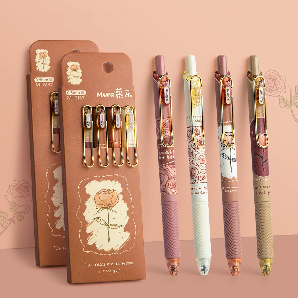 

4pcs Rose Poem Gel Pen Set Retro Flower Design 0.5mm Roller Ball Black Color Ink for Writing Office School F7205