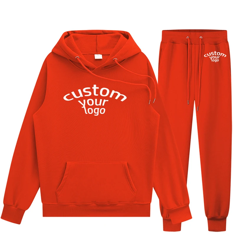 Custom Logo Solid Couple Set New Hooded Pocket Sweater Cotton Loose Men's Pants Long Sleeve Set Fashion Casual Male Clothing