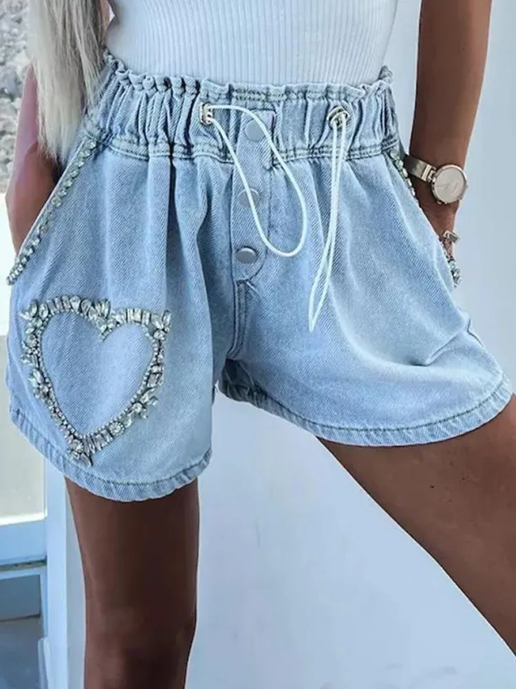 Y2K Summer Women Vintage Streetwear Korean Denim Shorts High Waist Wide Leg A-Line Baggy Rhinestone Short Pants Harajuku Clothes