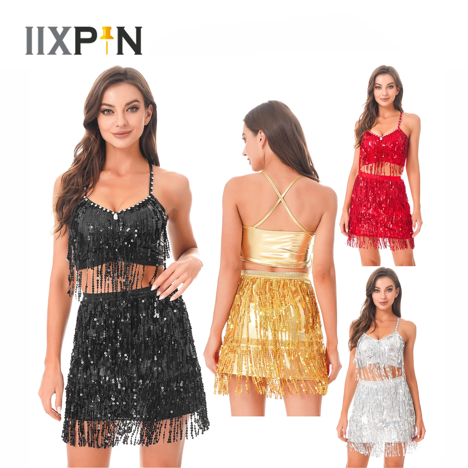 

Womens Shiny Sequins Tassels Belly Dance Costume V Neck Fringed Crop Top Camisole with Skirt Set for Latin Dancewear Performance