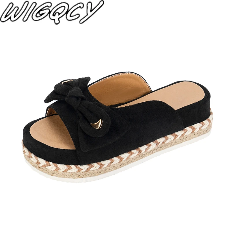 

Large Size 35-43 Platform Shoes Hemp Rope Weave Beach Vacation Casual Slippers Women 2022 New Bow Fashion Shoes Women Slippers