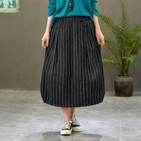 tiyihailey free shipping striped fashion long mid calf a line skirt women elastic waist spring autumn denim jeans vintage black