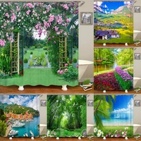 green scenery shower curtains floral plant garden pink flowers forest trees harbor ship landscape polyester bathroom decor sets