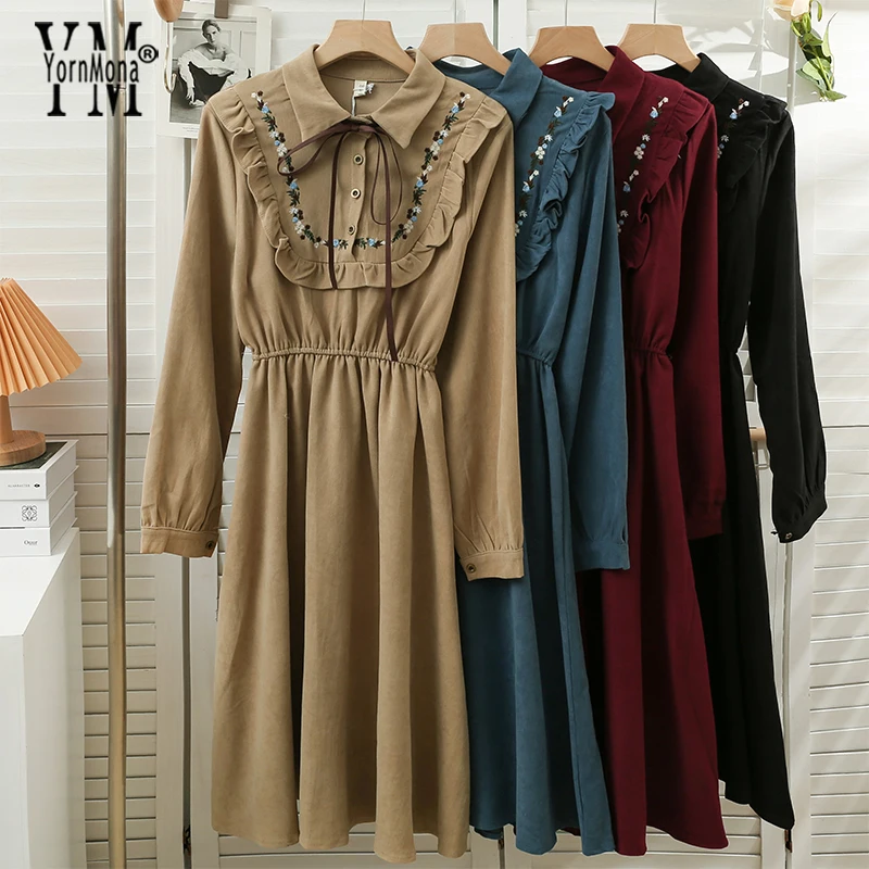 

YornMona Vintage Embroidery Floral Long Dress Women Spring Autumn Full Sleeve A-line Shirt Dress Chic Korean Vestidos
