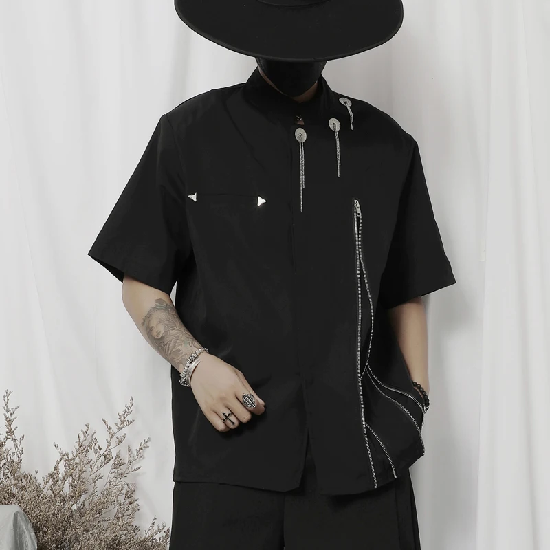 Men's Summer New Loose Short Sleeve Shirt Trendy Men's Fashion Zipper Decorative Design Sense Stand Collar Versatile Black Shirt