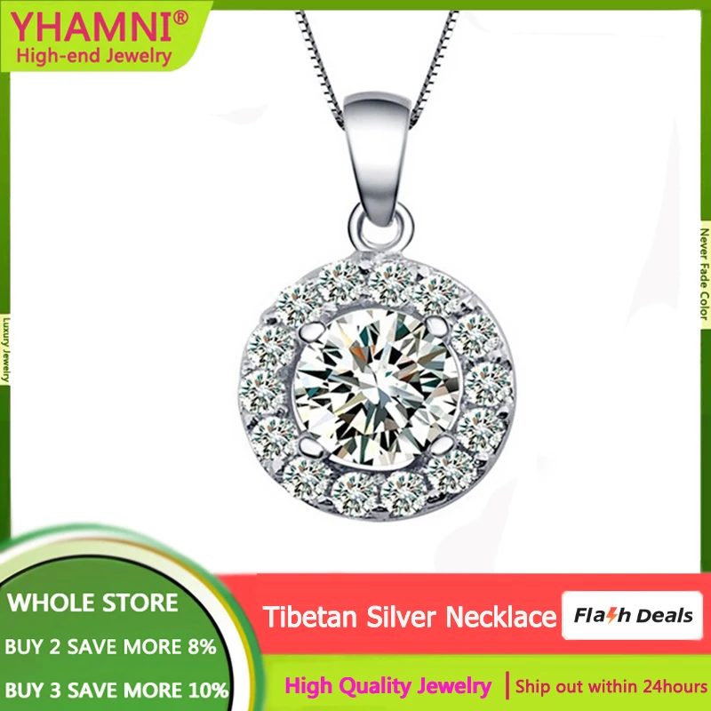 

Shiny White Gold Color Tibetan Silver Round Zircon Pendant Necklace For Women Gift Solid Box Chain Choker Collares Jewelry