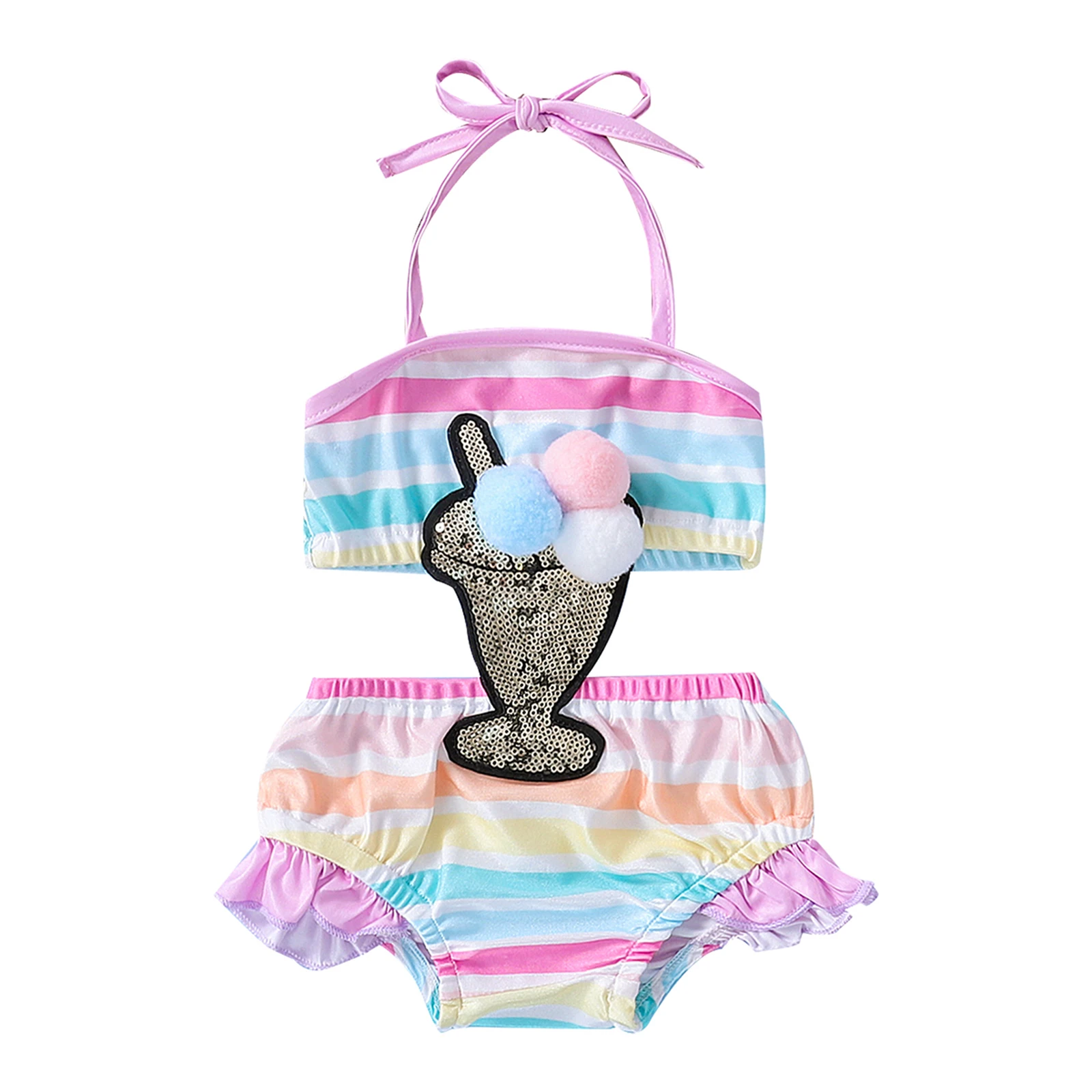 

Infant Baby Girl Colorful Stripes Swimwear, Halterneck Sequins 3D Balls Ice Cream Ruffles Swimsuit for Beach/Swimming/Travel