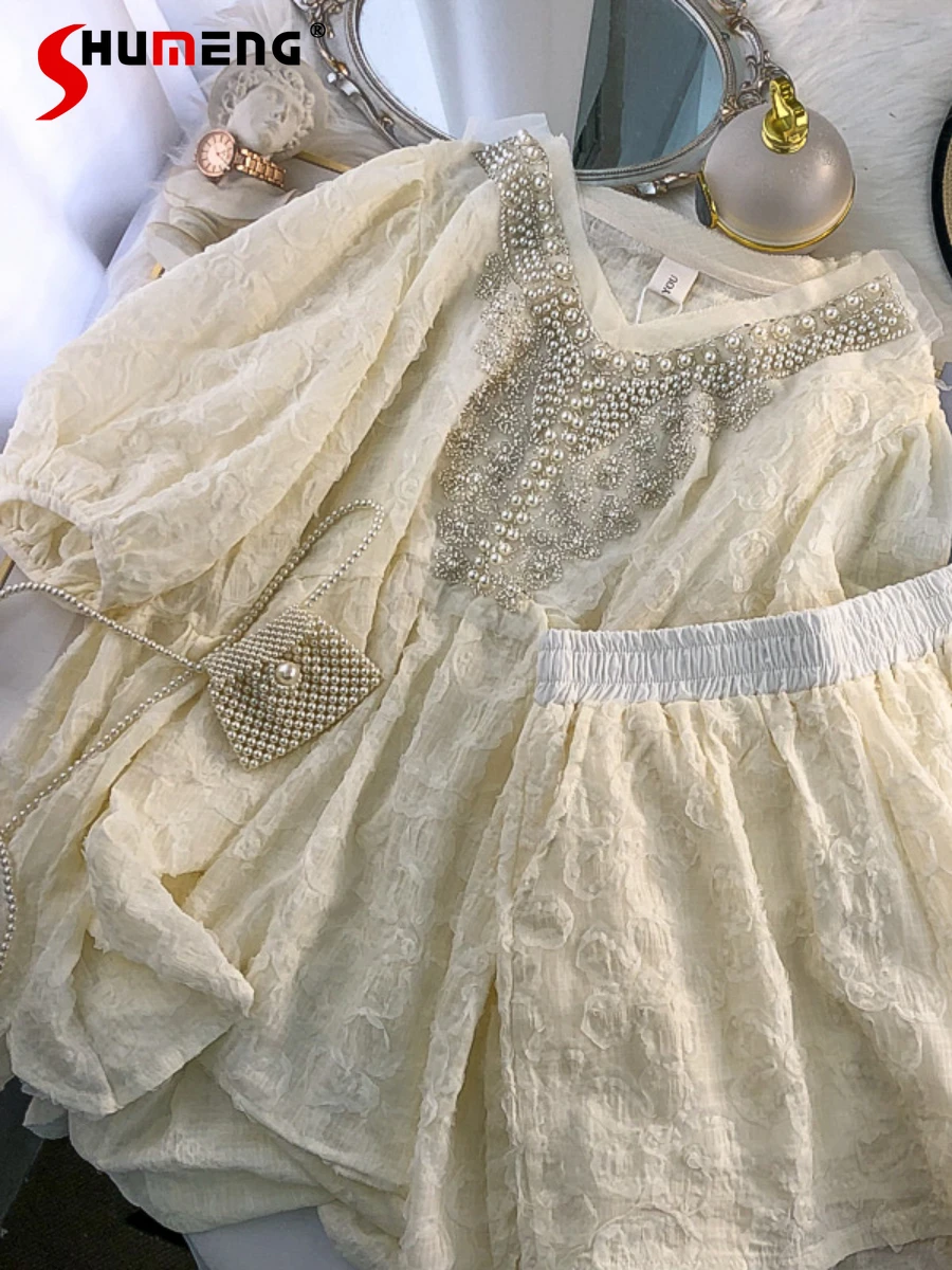 

New Retro Elegant Puff Sleeve V-neck Pullover Shirt Women's 2022 Summer Fashion Sweet Wide Leg Shorts Fairy Solid Two-Piece Suit