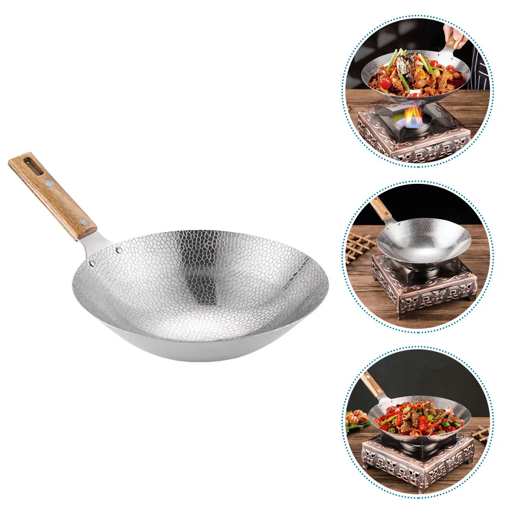 

China Multifunctional Wok Home Traditional Deep Frying Pan Gas Stove Wood Handle Stainless Steel Cookware