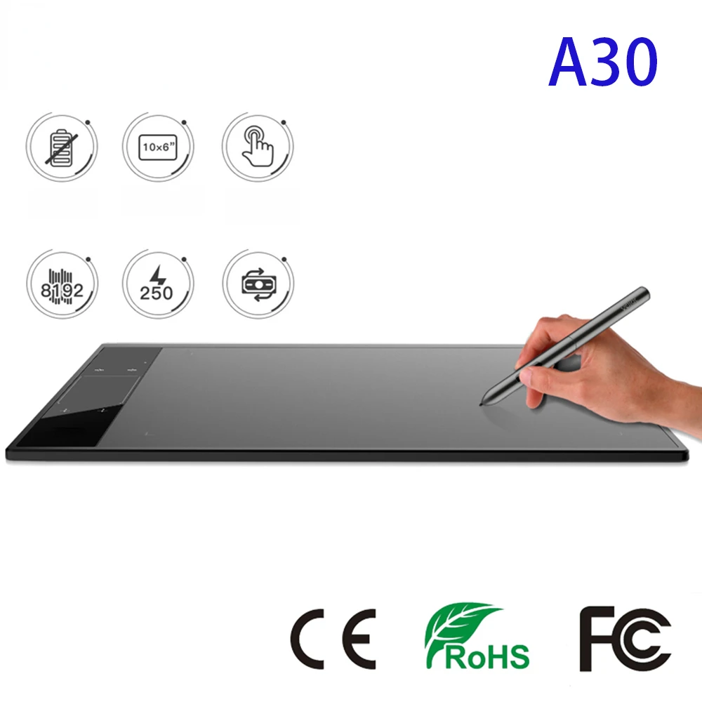 

A30 Digital Graphics Drawing Tablet 10x6'' Pen Tablet with 8192 Levels Passive Pen for Online Leaning For Windows Mac OS