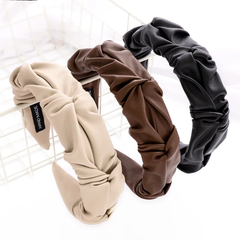 

Fashion Exquisite PU Leather Folds Pattern Hair Hoop Hairbands Designer Headbands Ornament Accessories For Women Wholesale