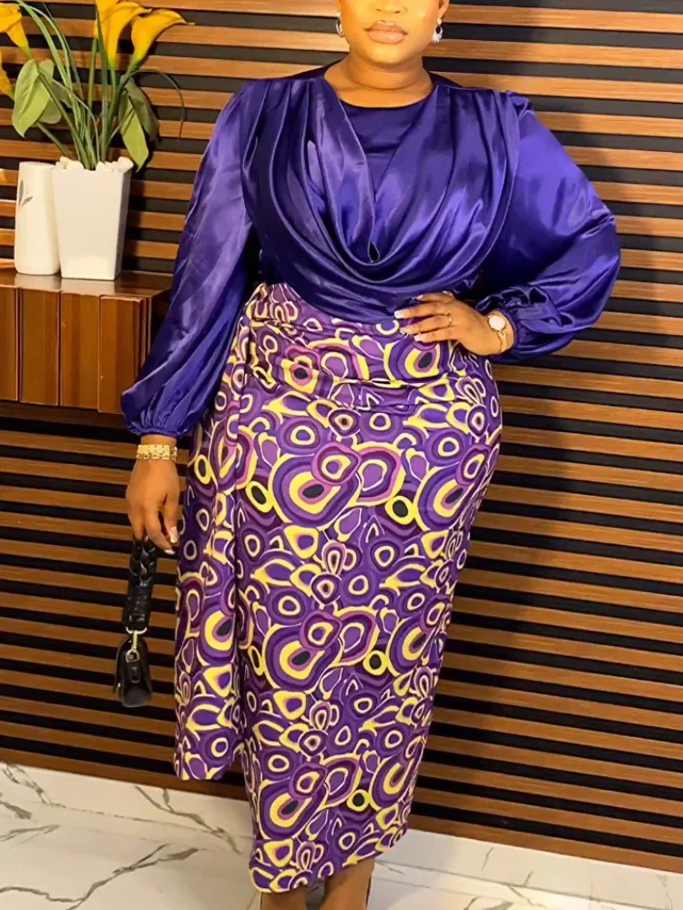 

Two Piece Sets Women Outfits O Neck Lantern Sleeves Folds Tops Printed Pencil Skirts Elegant Casual Party Nightclubs Dress Sets