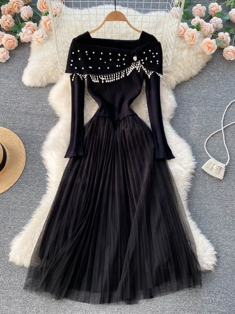 

2022 New Autumn Winter Sweater Dress Women Elegant Beaded Knitted Stitching High Waist Mesh Dresses Ladies Casual Korean Dress
