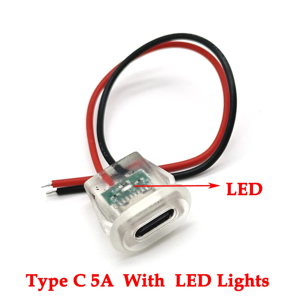 1/10 шт. USB-разъем типа C ввода для зарядки со светодиодной подсветкой, 2-контактный водонепроницаемый порт питания USB-C, гнездовой разъем TYPE-C