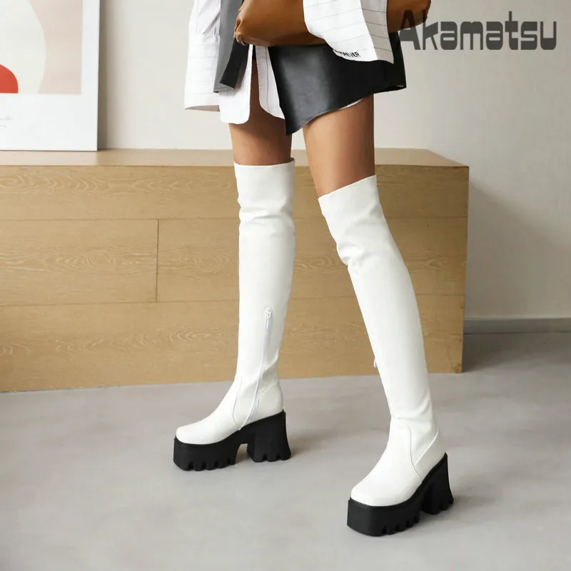 Over Knee Length Boots New Style Autumn Winter Black White 2 Color Side Zip Thick Soles Thick Heels High-Heeled Women's Boots