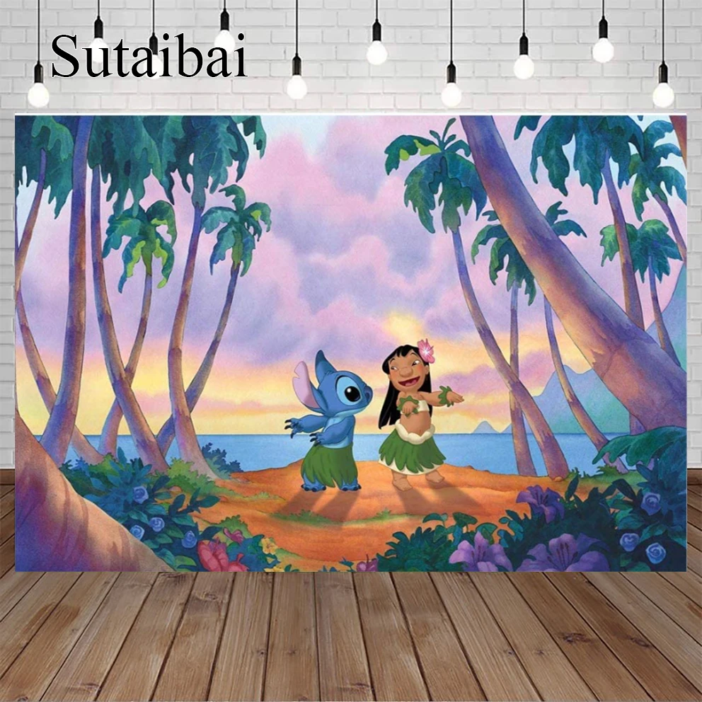 

Cartoon Lilo and Stitch Theme Backdrops Summer Hawaii Seaside Lilo and Stitch Happy Birthday Backdrop for Party Vinyl Banner