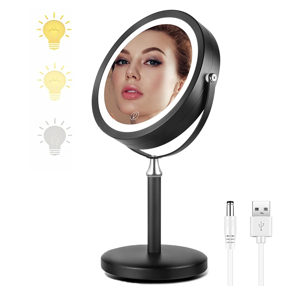 Lighted Makeup Vanity Mirror Smart Touch Control 8inch 1X 7X Magnifying Mirror Double Sided Dimmable  3 Color LED MakeUp Mirror