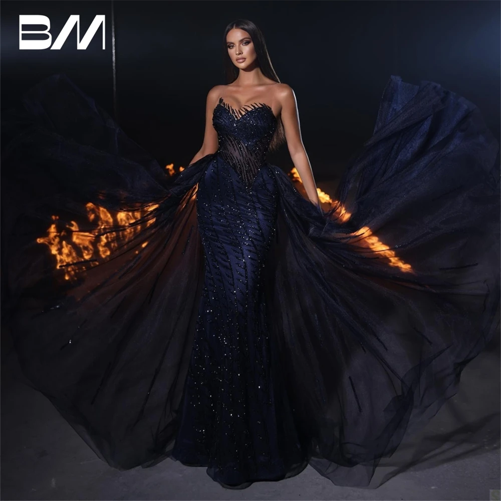 

Strapless V Neck Prom Gowns Custom Made Sequined with Overskirts Party Dresses Glamorous Dark Blue Evening Dresses