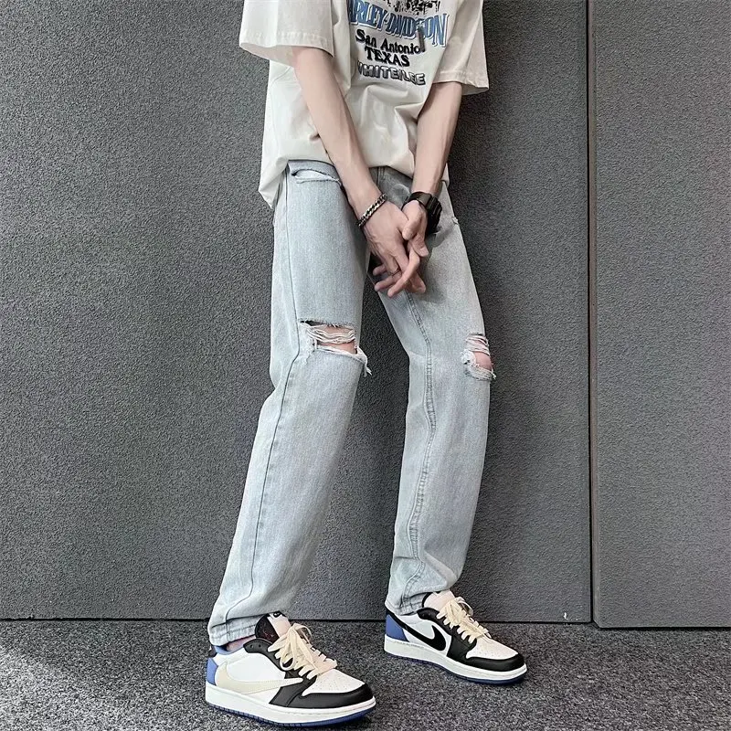 Vintage Streetwear Korean Fashion Ripped Baggy Pants Blue Hip Hop Wide Leg Jeans for Men Denim Trousers