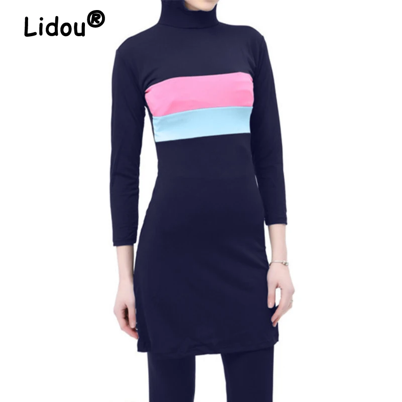 

2022 Color Stripe Stitching Muslim Swimsuit Middle Eastern Style Muslim Swimwears Beach Style Modest Fashion Clothing for Female