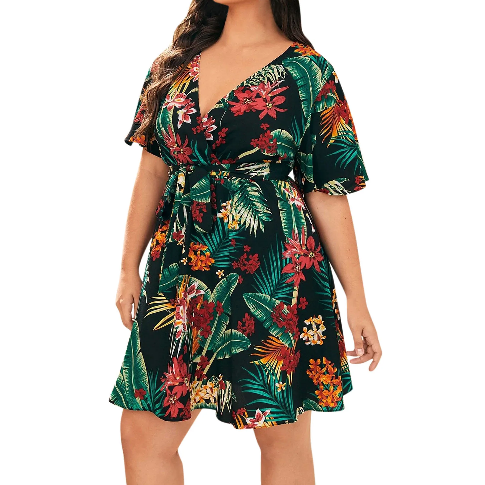 

L-4XL New Fashion Women's Dresses Summer Casual Short Sleeve V Neck Printing Dress Vestido estampado mujer 2022