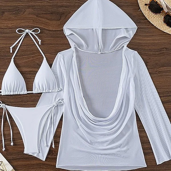 3 шт. однотонные стринги бикини 2024 Женская сетчатая блузка накидка купальник