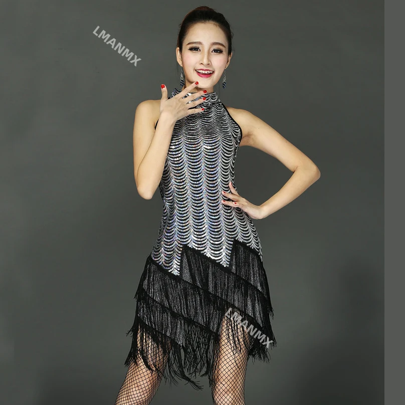 Женское платье для латиноамериканских танцев красное с бахромой и блестками