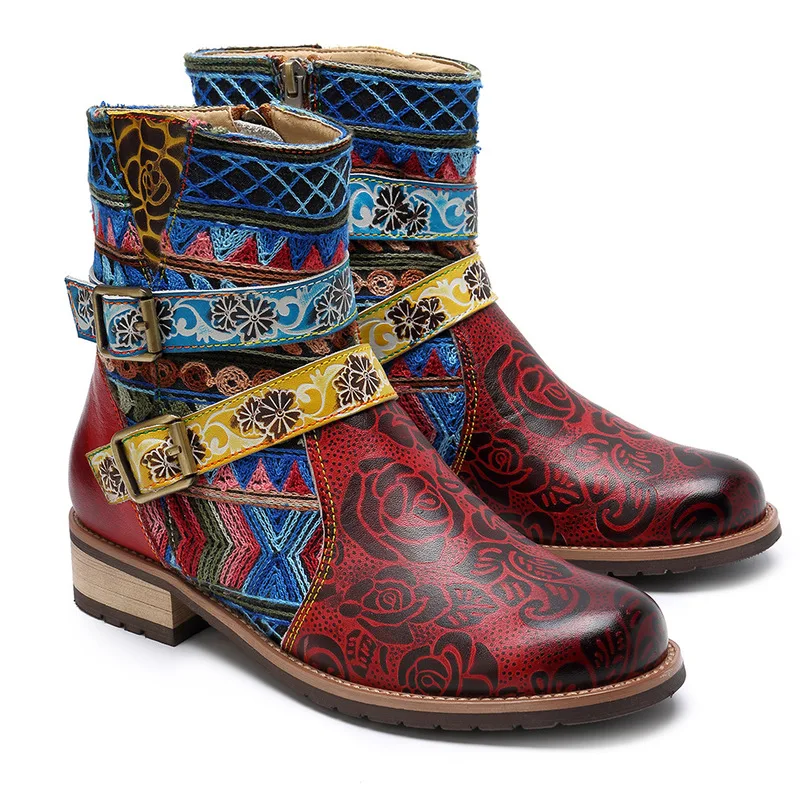 

Vintage Bohemian Western Cowboy botas de cuero genuino botas de tobillo para mujer Zapatos Mujer Zapatos Otoño Invierno