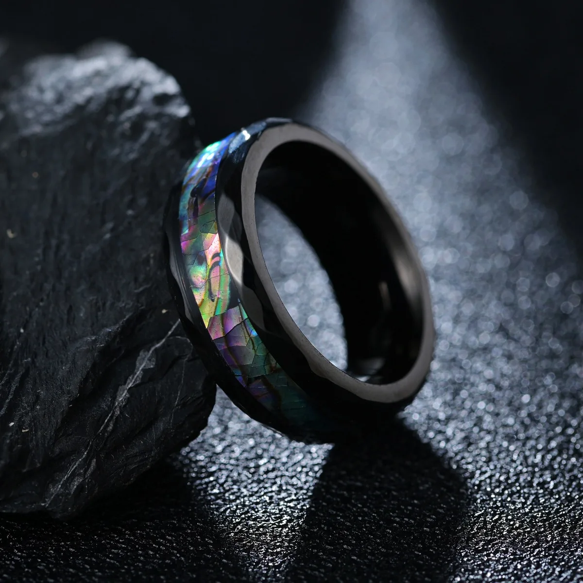 

New noble diamond cut rose gold men's tungsten steel abalone shell ring tungsten gold ring wholesale