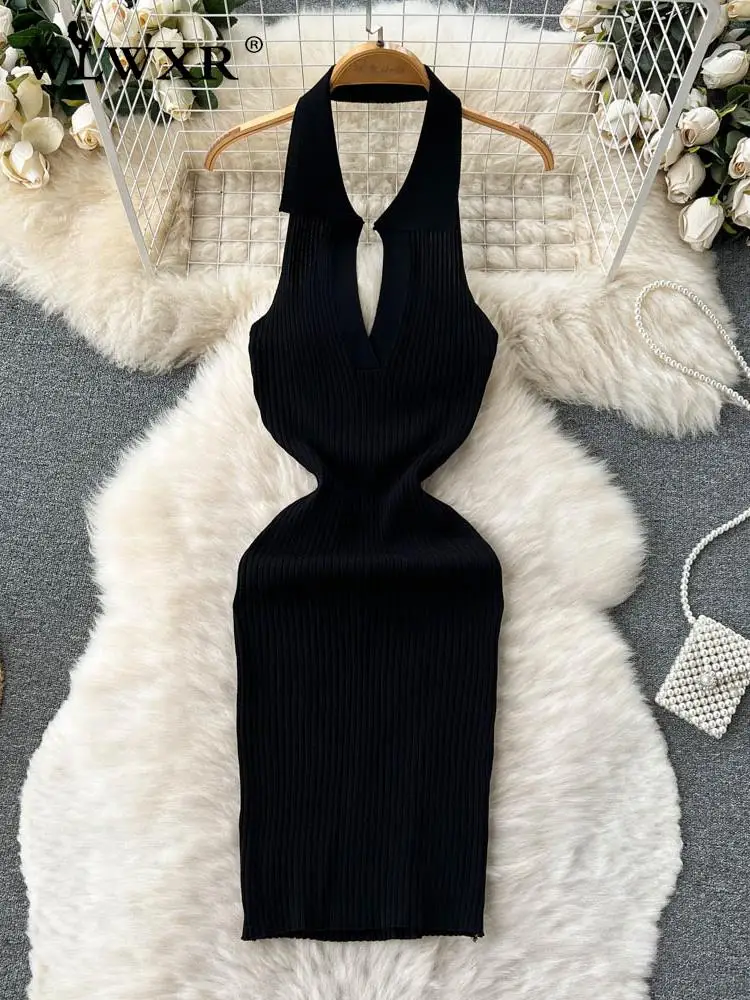 

WLWXR летние уличные вязаные мини платья, клубный наряд для женщин 2023, без рукавов, с открытой спиной, с отложным воротником, Короткое женское платье