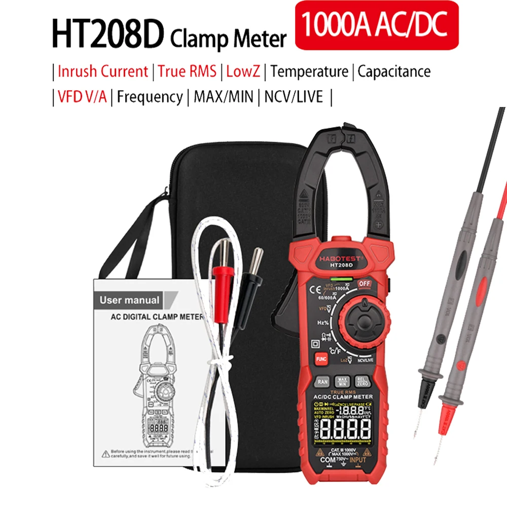 HT208D AC/DC Digital Clamp Meter 1000A True-RMS Multimeter High Precision Capacitance NCV Ohm Hz Tester Anto-Ranging Multi Teste