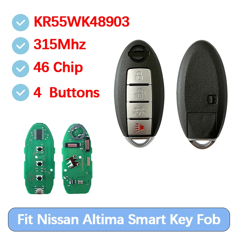 Фото CN027003 Послепродажный 4 кнопки Smart Keyless Go Remote Fob 46 чипов 315 МГц FCC KR55WK48903 для N-issan Altima Maxima 2007+ №1