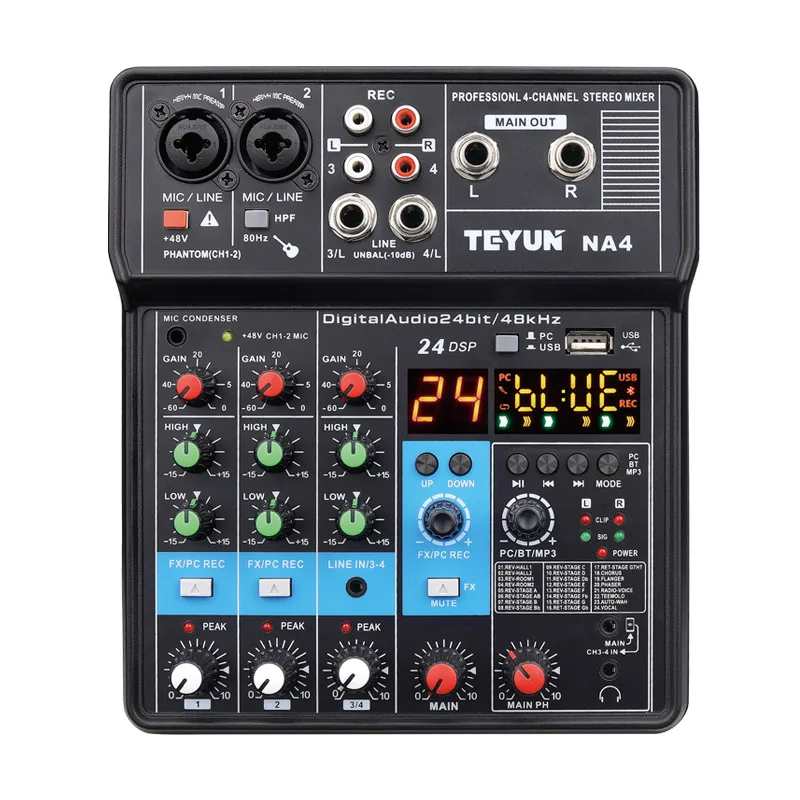 

Go NA4 4 Channel Bluetooth Mini Audio Mixer Sound Card DJ 16 Digital Effects Noise Reduction Console USB Record For Singing