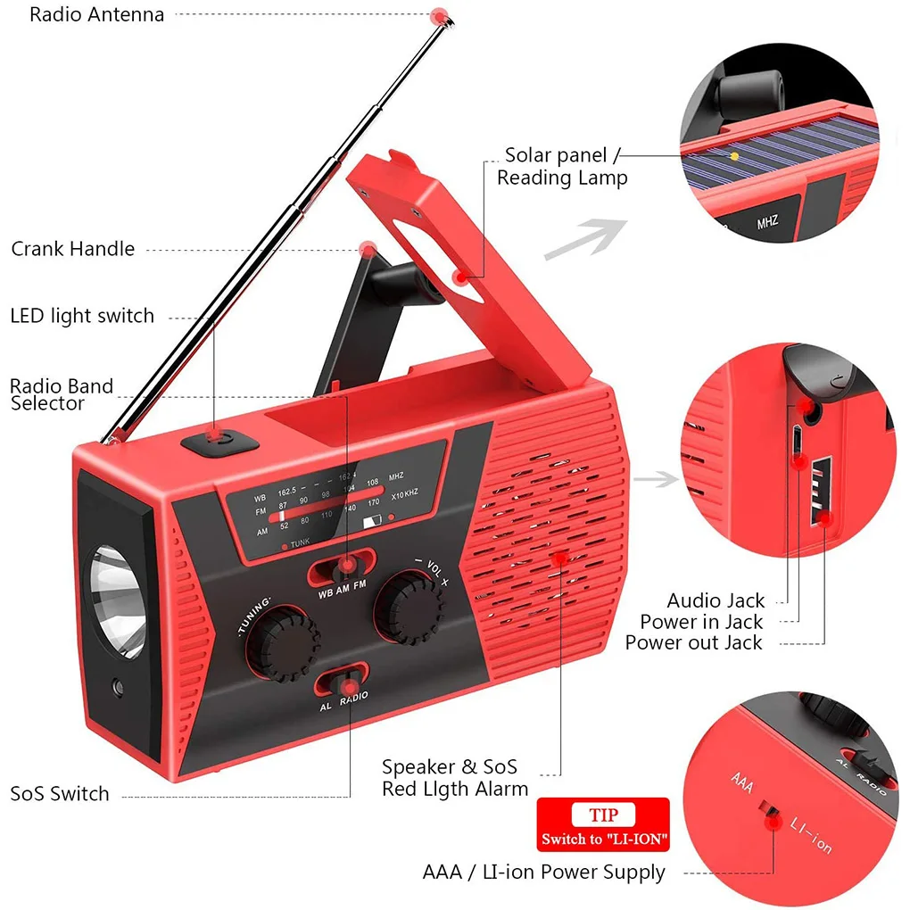 hand crank solar radio portable led flashlight lighting emergency multifunctional power bank phone charger with reading light free global shipping
