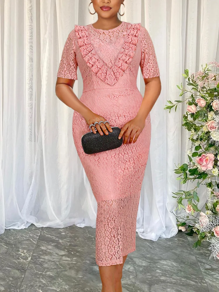 Женское розовое кружевное платье с коротким рукавом круглым вырезом Лолита