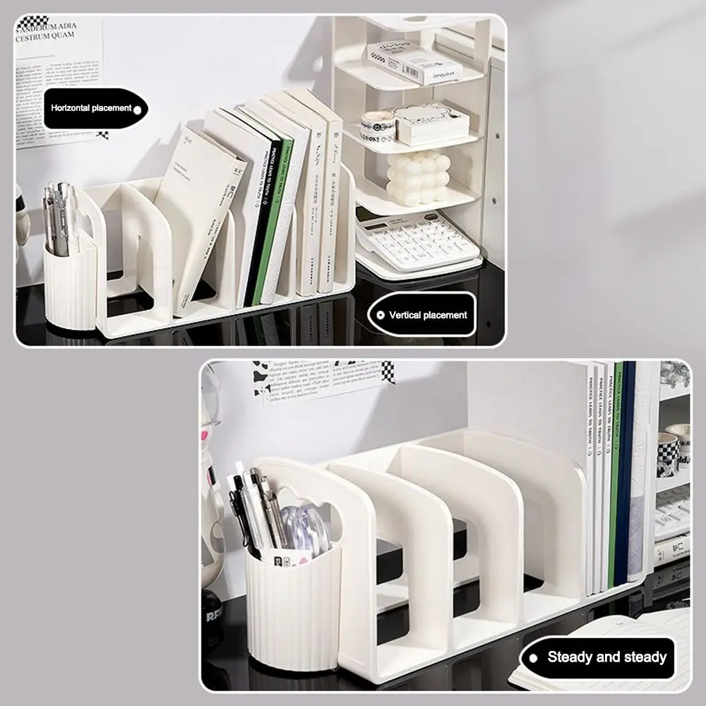 Acrylic Bookends Large Capacity with Pen Holder Desktop Book Transparent 4 Compartments Sorting Rack