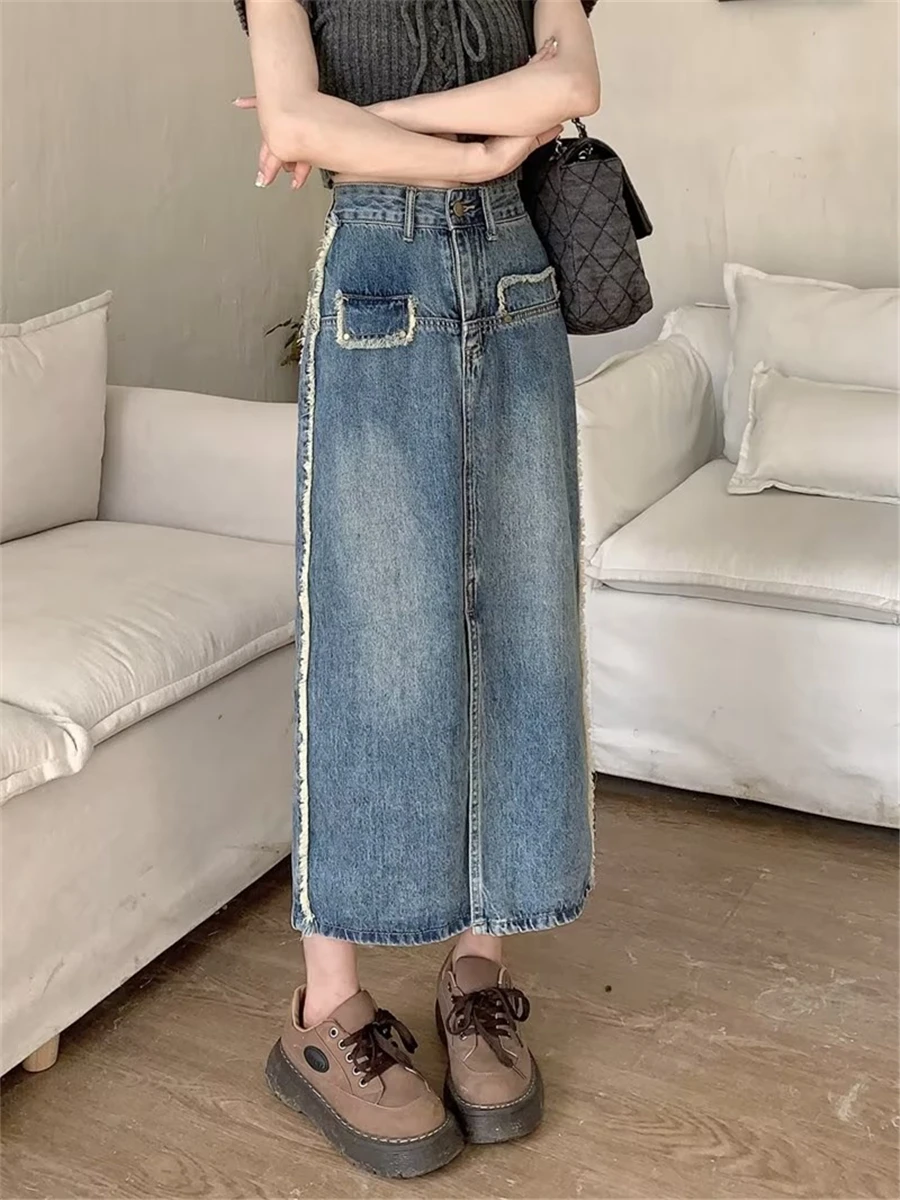 

Женская джинсовая юбка средней длины, голубая Повседневная трапециевидная юбка с завышенной талией и разрезом