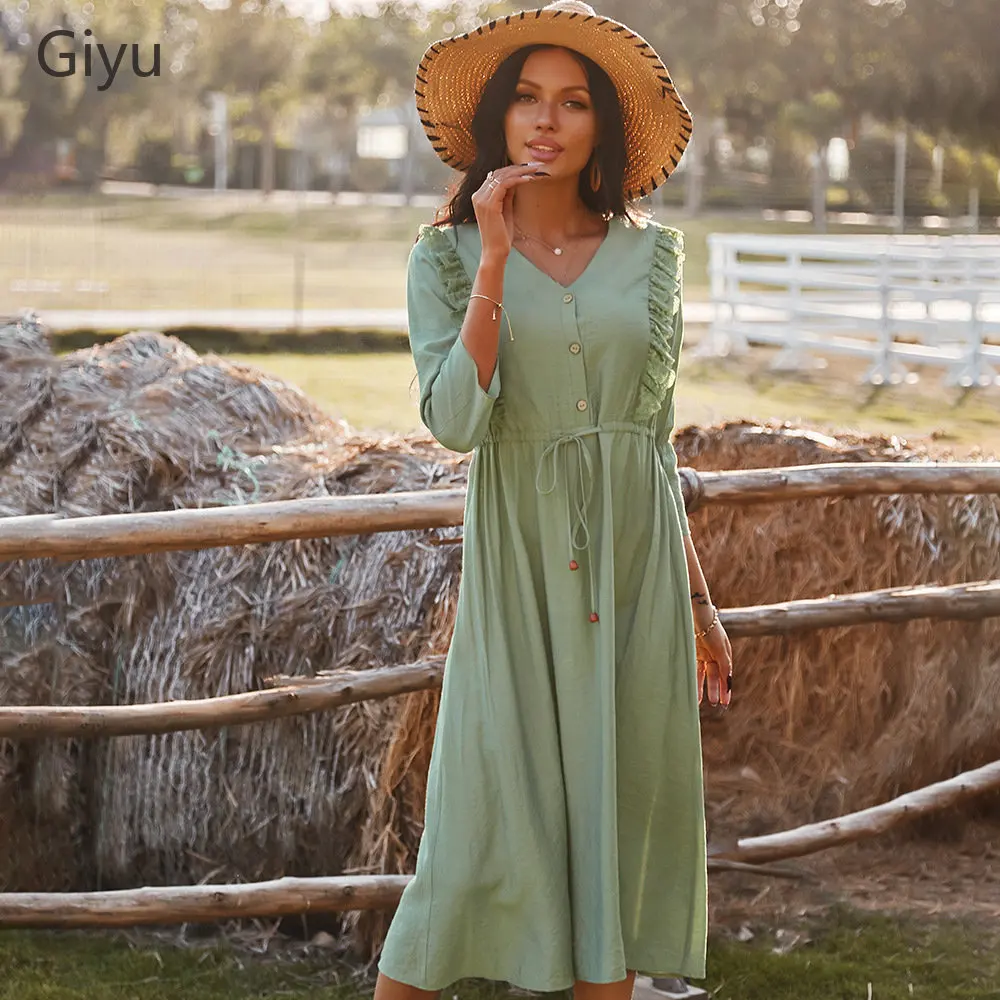 

New Ladies Vintage Maxi Solid Summer Dress Women Rufflse V Neck Casual High Waist Elegant Slim Women Dress Female Vestidos Mujer