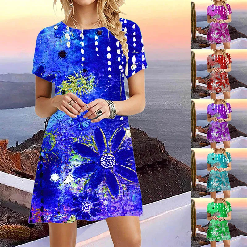 

2022 Women Dresses Summer Sexy Round Neck Floral Print Boho Beach Dress Ruffle Short Sleeve A Line Mini Dress Plus Size Dresses