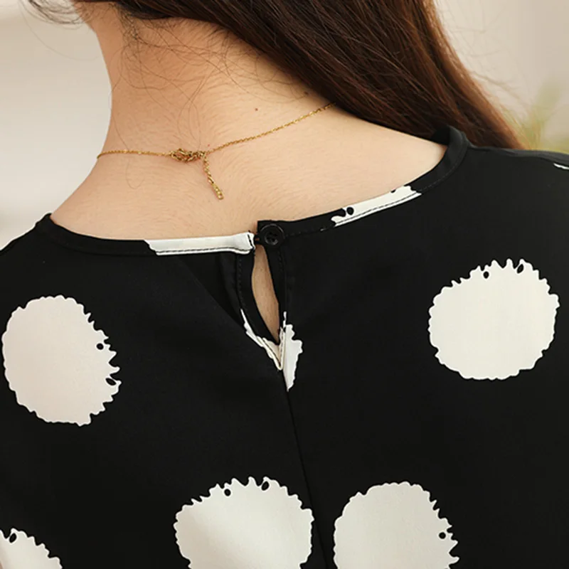 Винтажная Черная Шифоновая Блузка В Горошек С Круглым Вырезом И Рукавами летучая