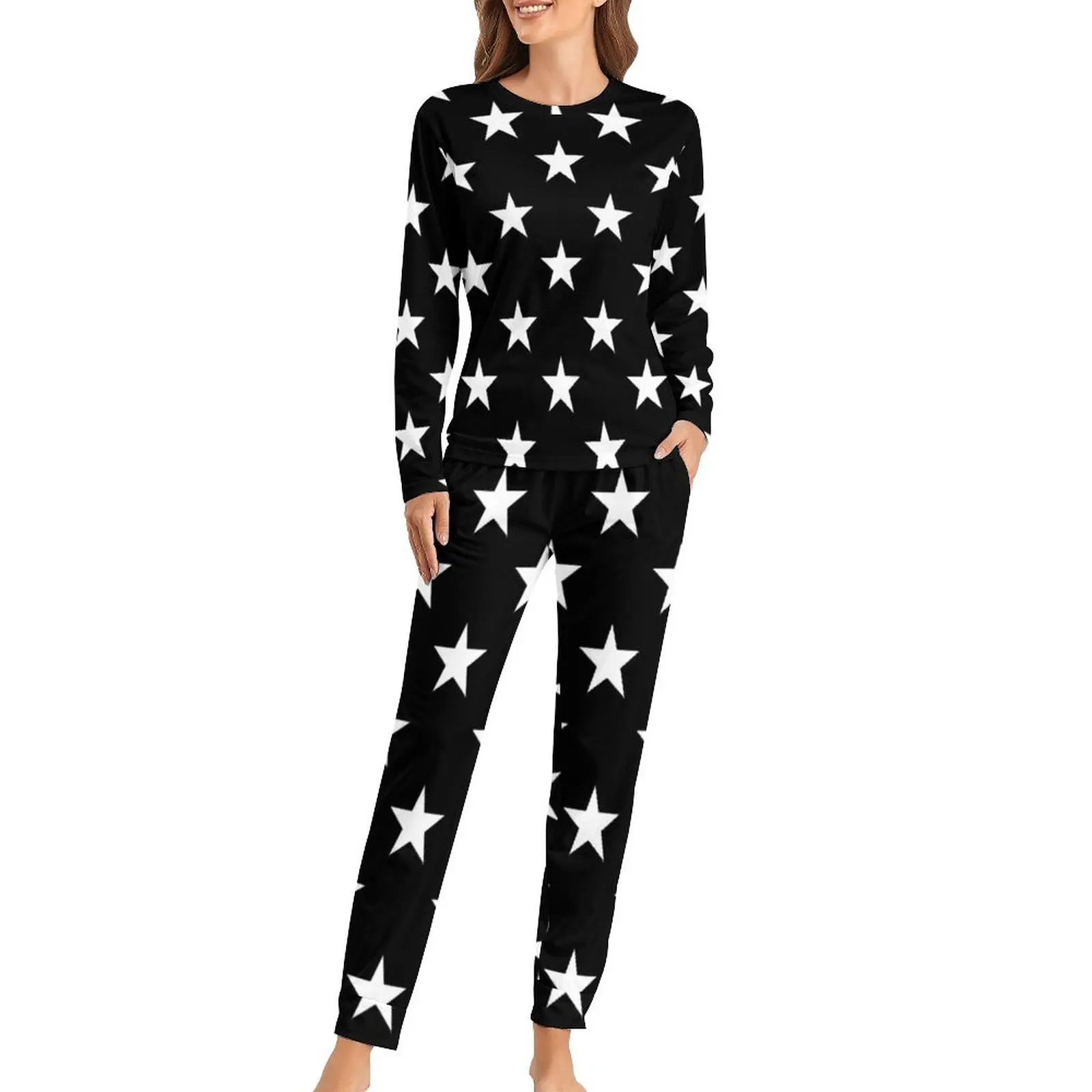 

Black And White Star Pajamas Modern Trendy Cool Home Oversized Sleepwear Women Long Sleeve Graphic Kawaii Pajama Sets