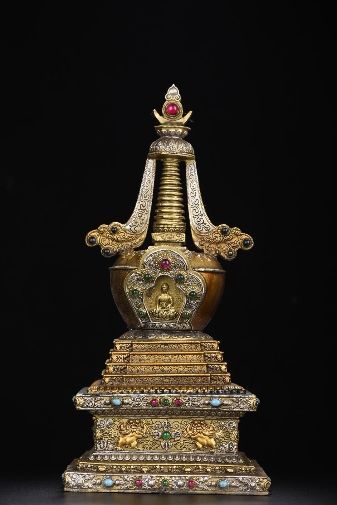 

13" Chinese Folk Collection Old Bronze painted mosaic gem Shakyamuni stupa pagoda worship buddha Town house Exorcism