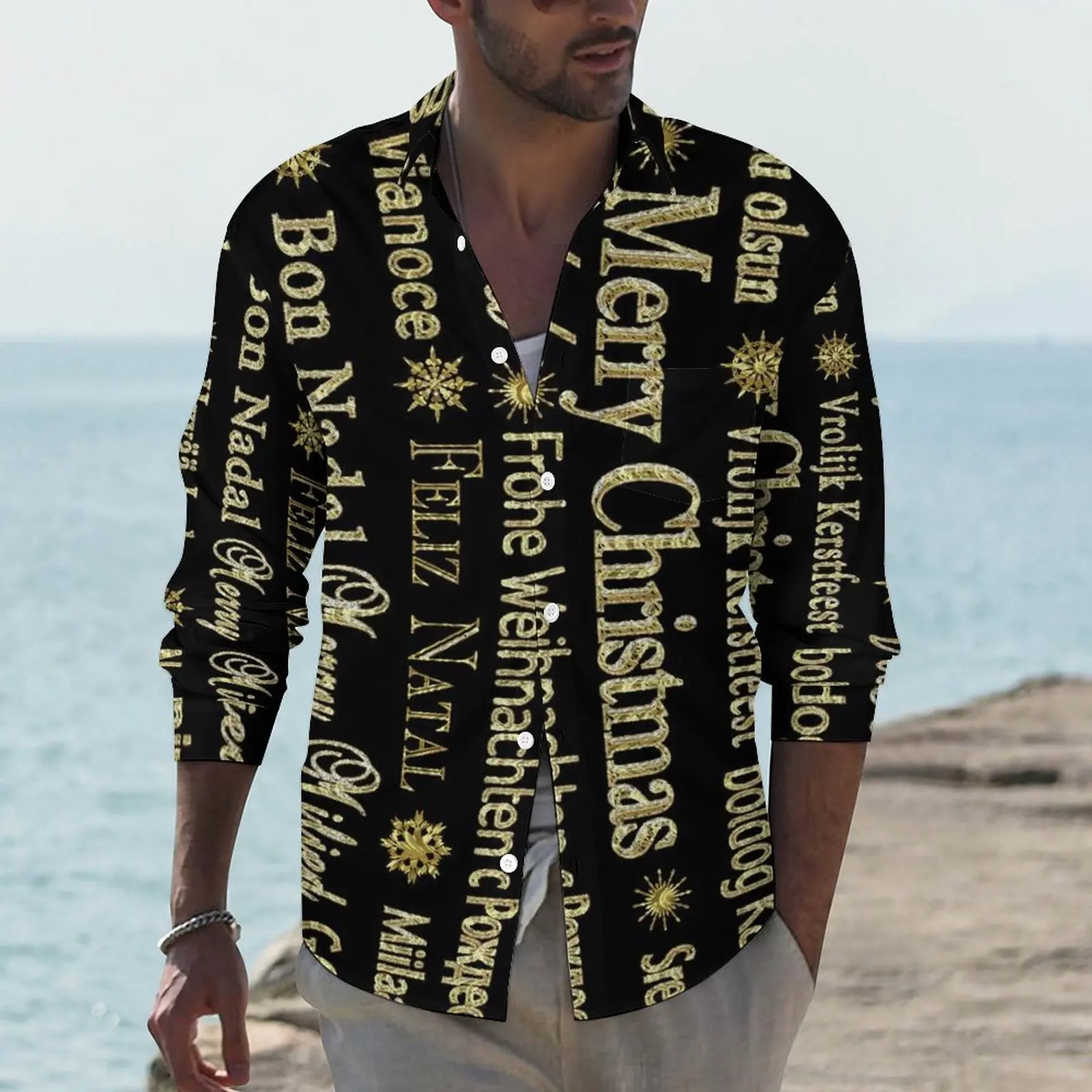 

Gold Glitter Letter Print Shirt Merry Christmas Casual Shirts Long Sleeve Printed Street Blouses Autumn Novelty Oversized Top