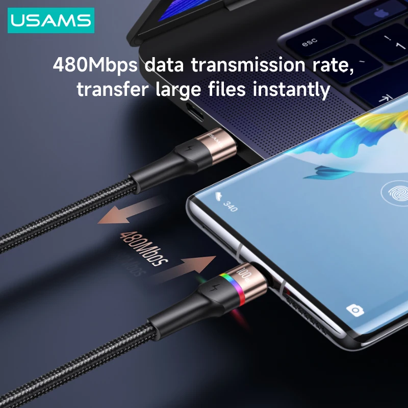 Кабель для быстрой зарядки и передачи данных USAMS PD 100 Вт 6 А цветной светодиодный